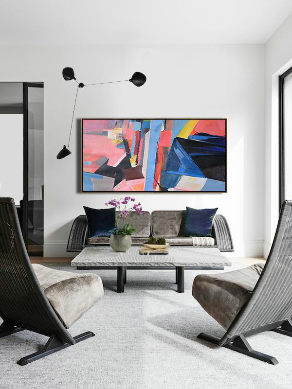 Large Abstract Art,Horizontal Palette Knife Contemporary Art Panoramic Canvas Painting,Contemporary Wall Art,Pink,Blue,Black,Yellow.etc